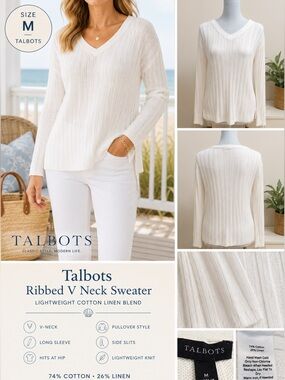 Talbots White Cotton Linen Ribbed V Neck Sweater Medium